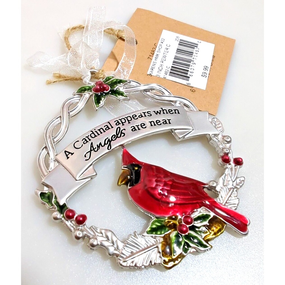 Pewter Cardinal Bird Angels are Near Metal Christmas Ornament Wreath 3"‎ New